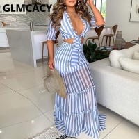 Women Stripes Two Piece Dress Sets Suits Short Sleeve Tie Front Top and Long Maxi Skirt Set